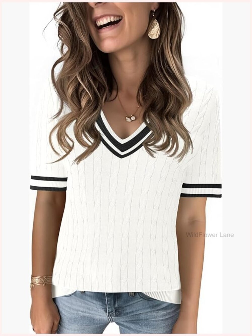 Short Sleeve V Neck Cable Knit Pullover Summer Lightweight Sweater